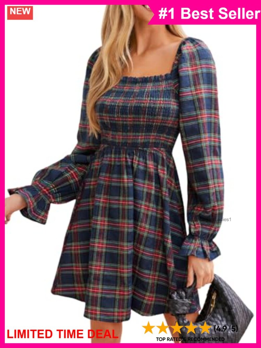 Plaid Mini Dress Smocked Long Sleeve Ruffle Cuff Casual Party Fall